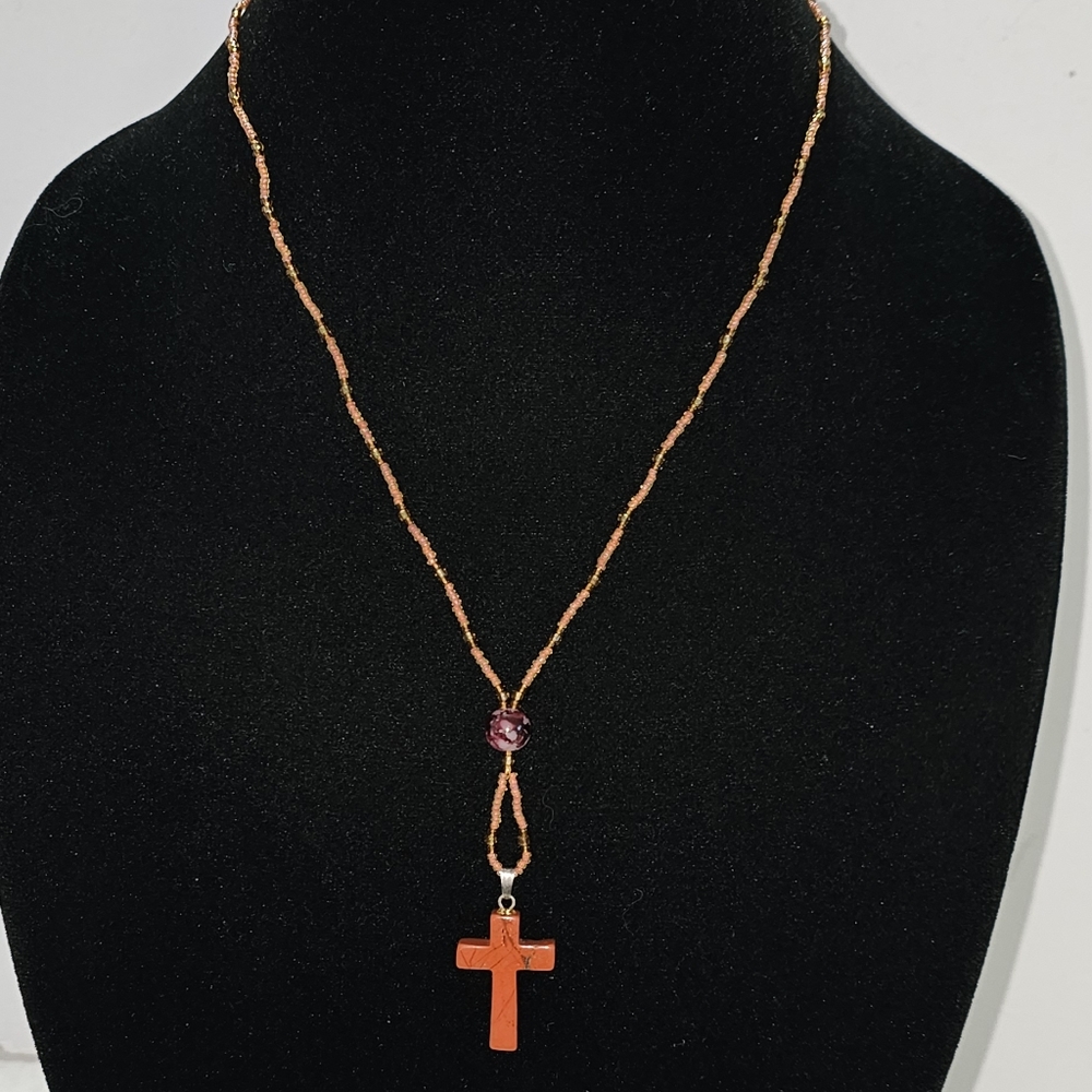 🧡✨ Glass Beaded + Stone Cross Necklace · 24" + 2.5" Drop ✨🧡